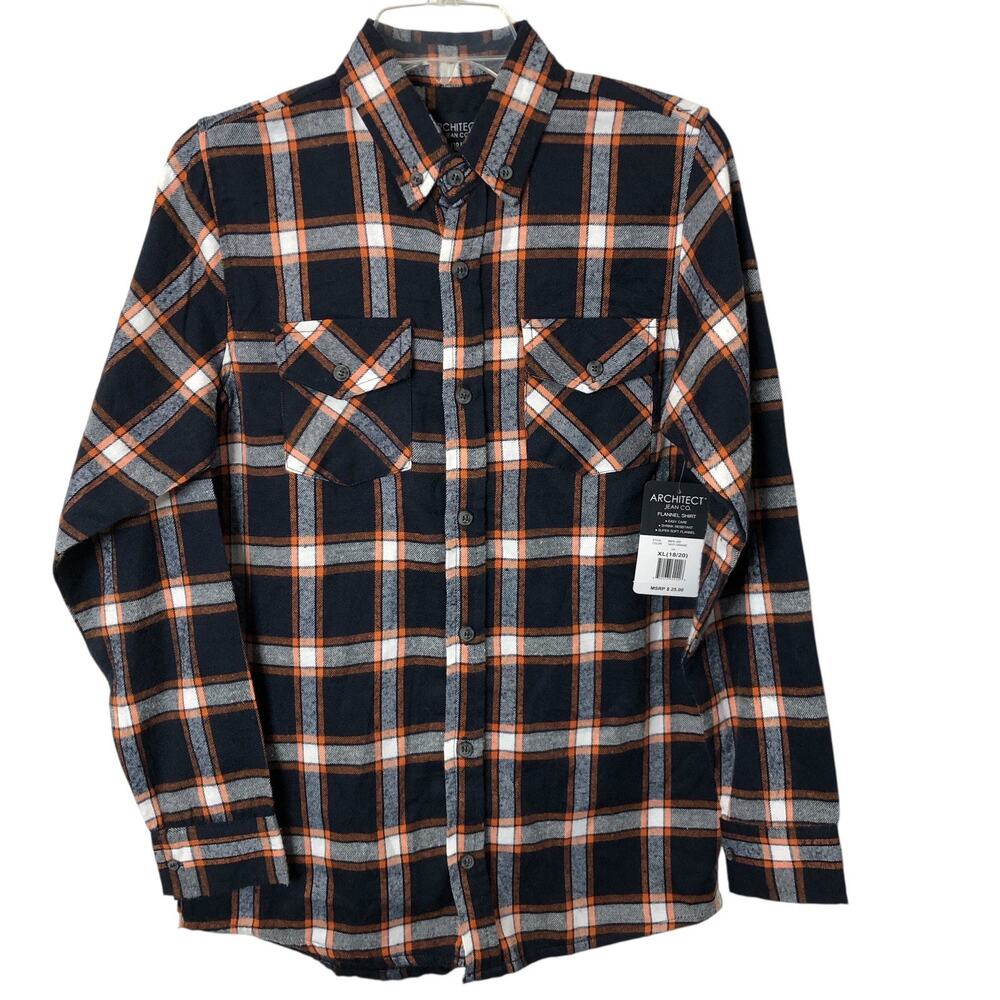 Architect Jean Co. NWT Boys' Blue Orange Plaid Flannel Button-Down XL (18/20)